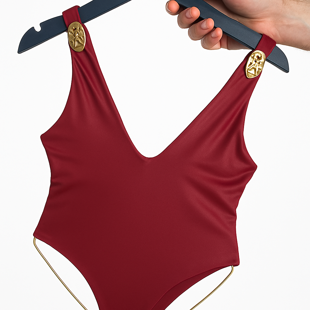 Maillot de bain une pièce bordeaux à détails dorés